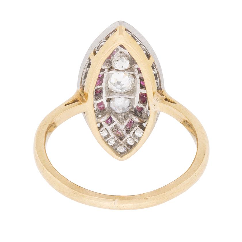 Cluster-Ring aus edwardianischem Marquise-Diamant und Rubin, um 1910 (Alteuropäischer Brillantschliff) im Angebot