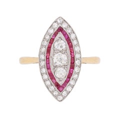 Antique Edwardian Marquise Diamond and Ruby Cluster Ring, circa 1910