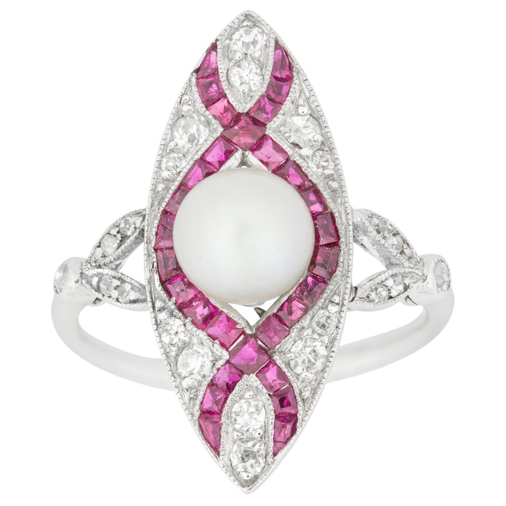 Edwardian Marquise Diamond Pearl and Ruby Ring For Sale