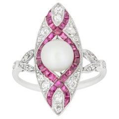 Edwardian Marquise Diamond Pearl and Ruby Ring