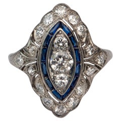 Edwardian Marquise Navette Diamond Blue Sapphire Platinum Shield Cocktail Ring
