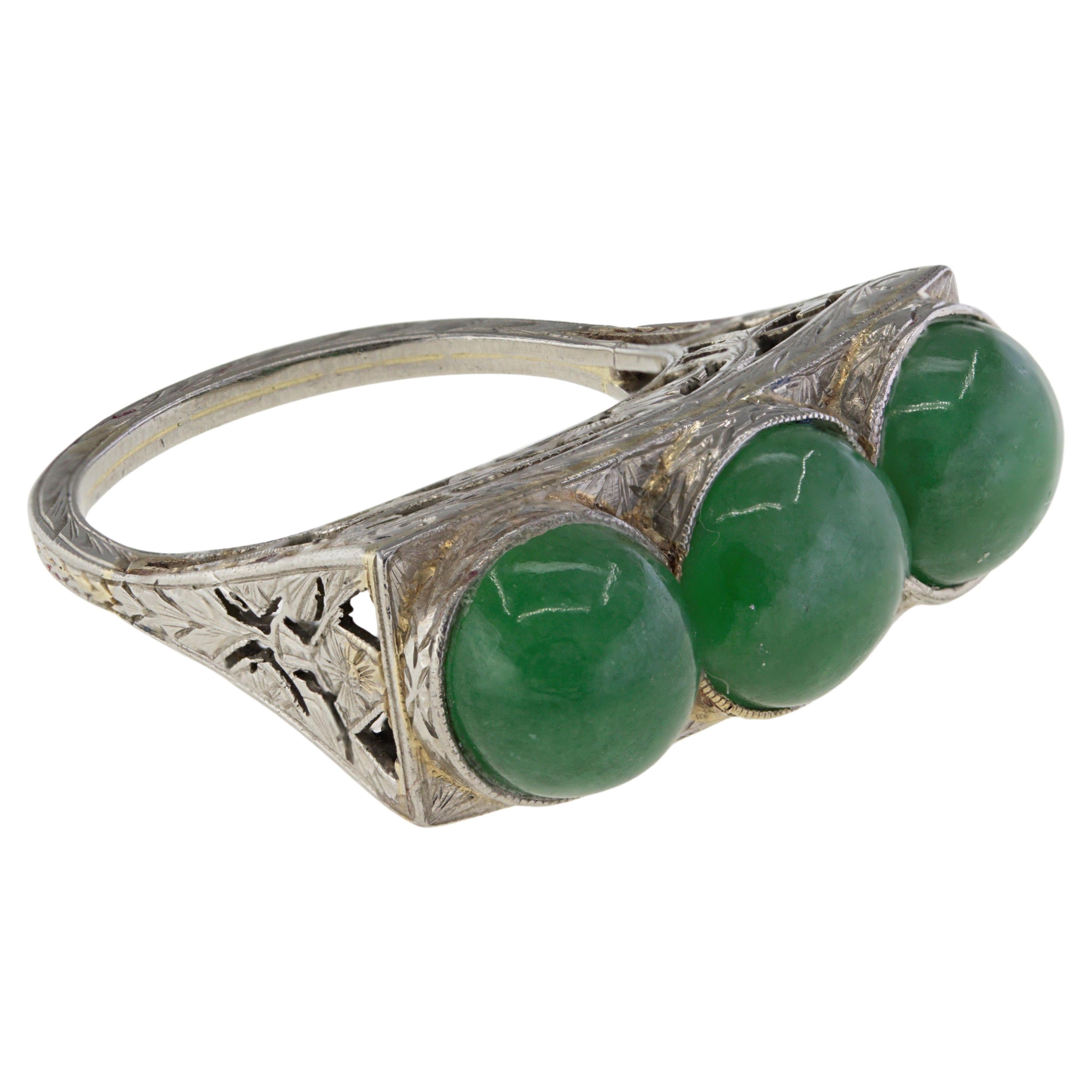Edwardian Mason Kay Certified Natural Green Jadeite Jade, 18K White Gold Ring For Sale