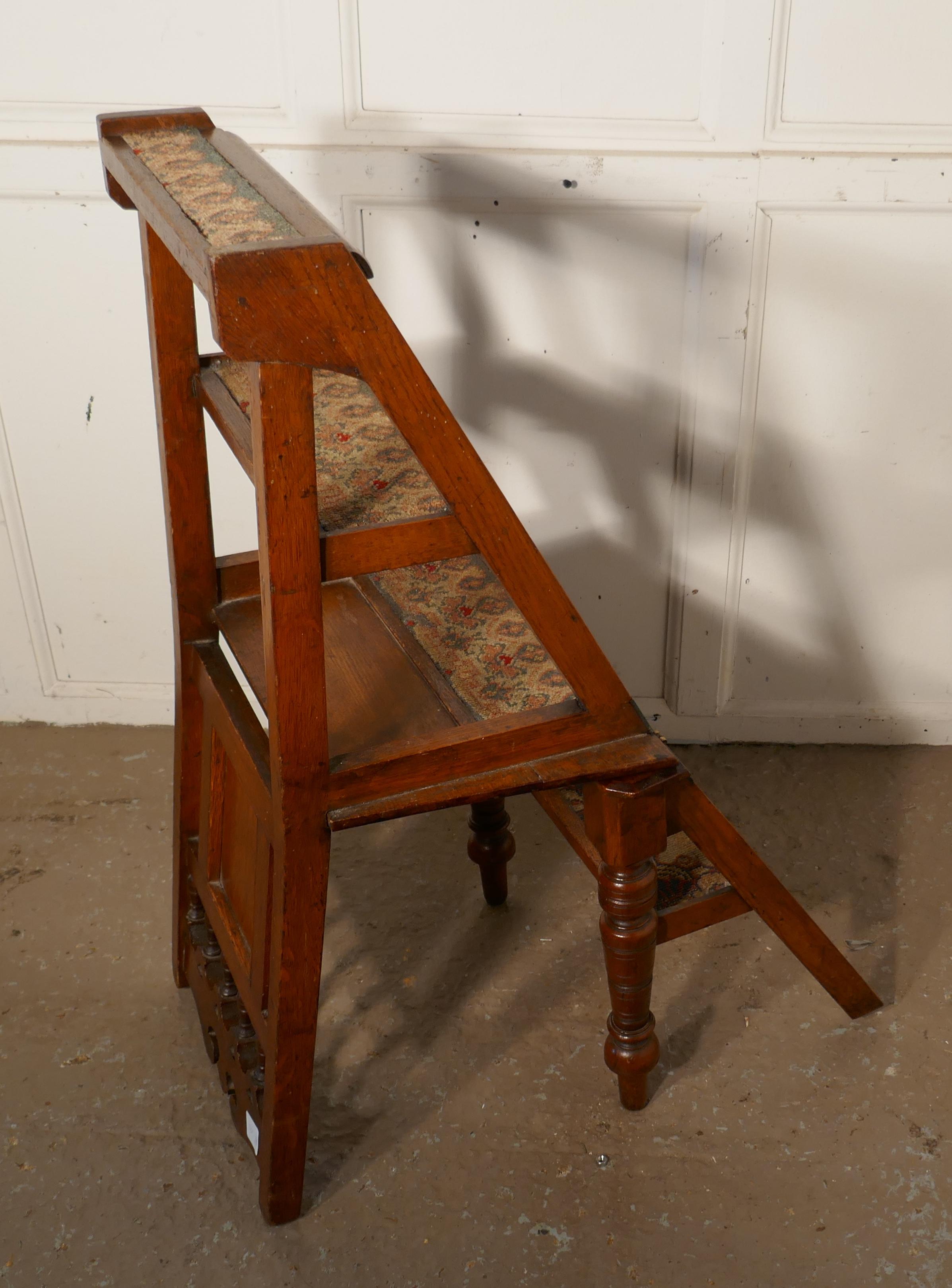 Edwardian metamorphic library chair or library steps

A very useful piece, this handy little chair can be flipped over and turned into a small 4 step ladder, originally this type of chair was used in a library hence the name, but it would work