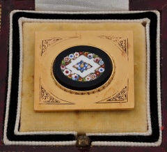 Edwardian Millefiori Micro Mosaic Onyx 18 Karat Heavy Gold Brooch