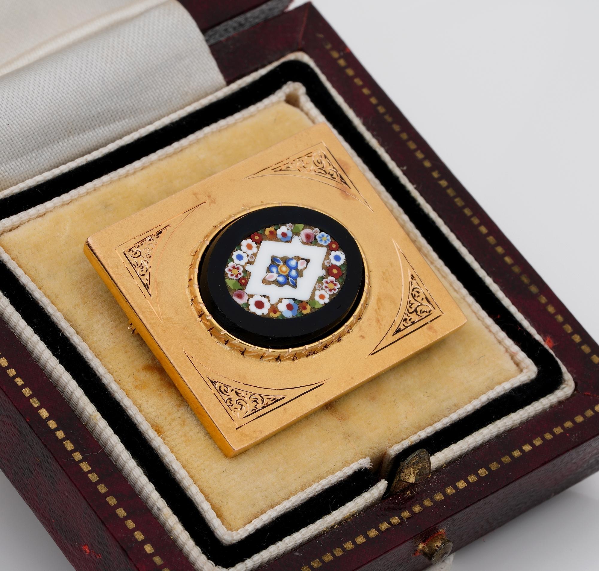 Women's or Men's Edwardian Millefiori Micro Mosaic Onyx 18 Karat Heavy Gold Brooch For Sale