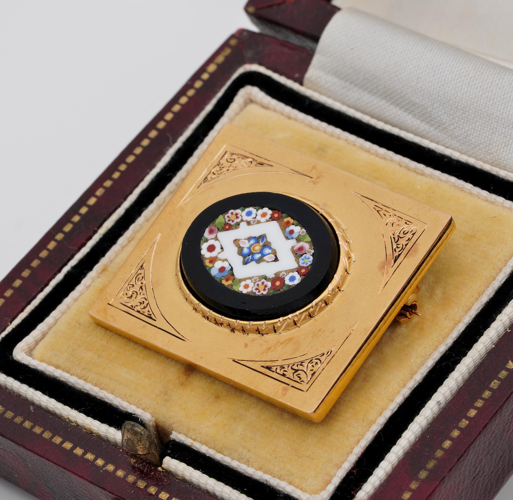 Edwardian Millefiori Micro Mosaic Onyx 18 Karat Heavy Gold Brooch For Sale 2