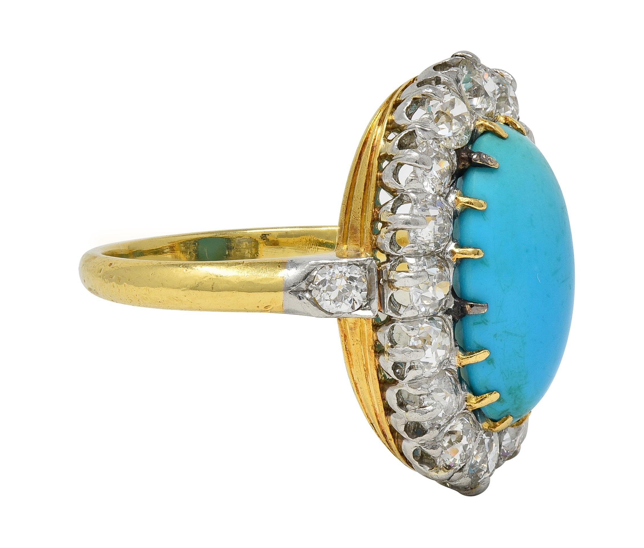 Cabochon Edwardian Mine Diamond Robin's Egg Turquoise Platinum 18K Gold Antique Halo Ring For Sale