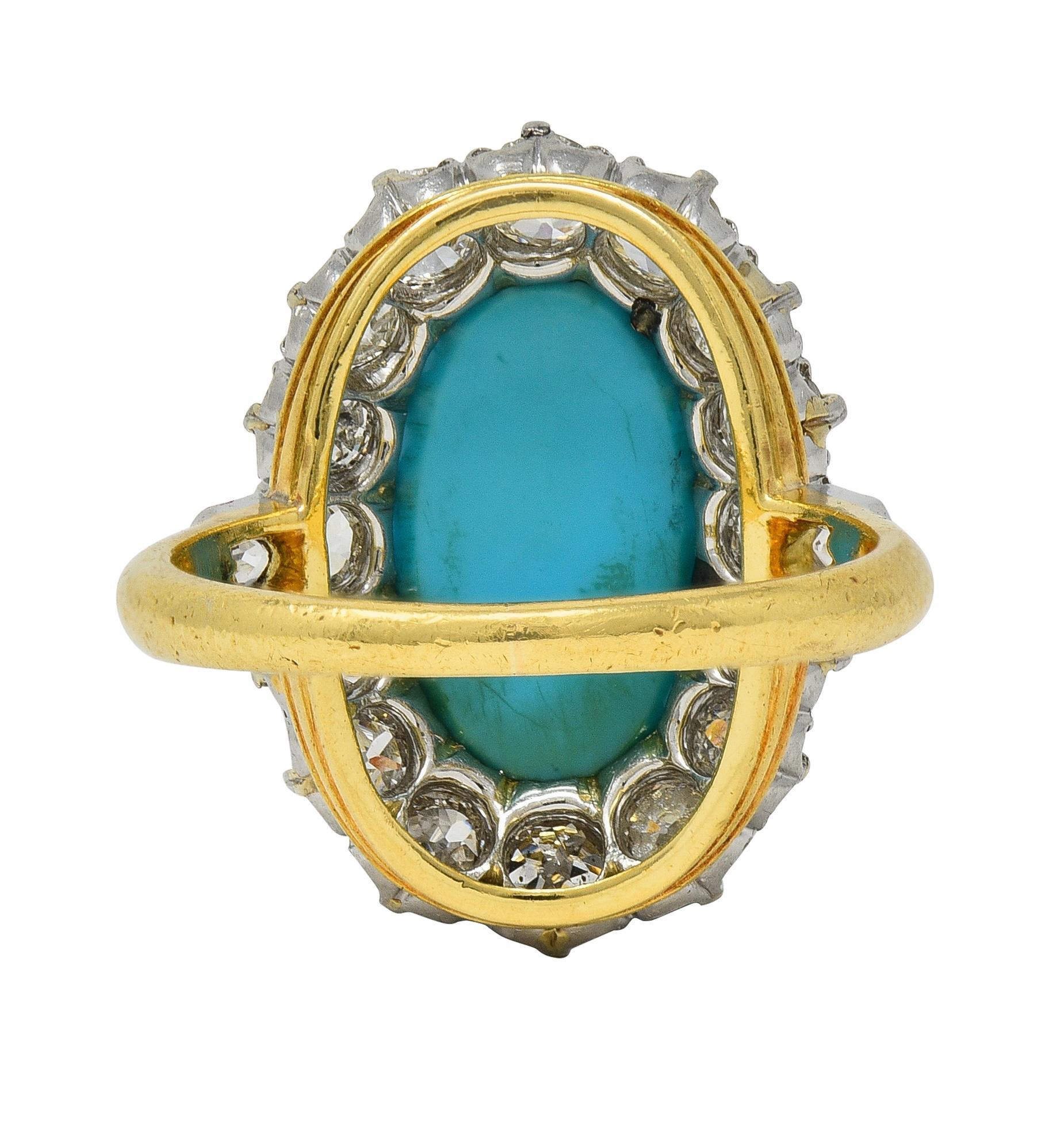 Edwardian Mine Diamond Robin's Egg Turquoise Platinum 18K Gold Antique Halo Ring In Excellent Condition For Sale In Philadelphia, PA