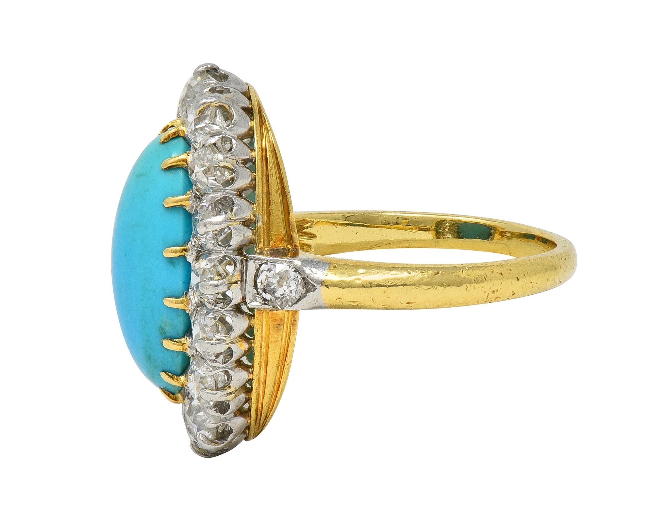 Women's or Men's Edwardian Mine Diamond Robin's Egg Turquoise Platinum 18K Gold Antique Halo Ring For Sale