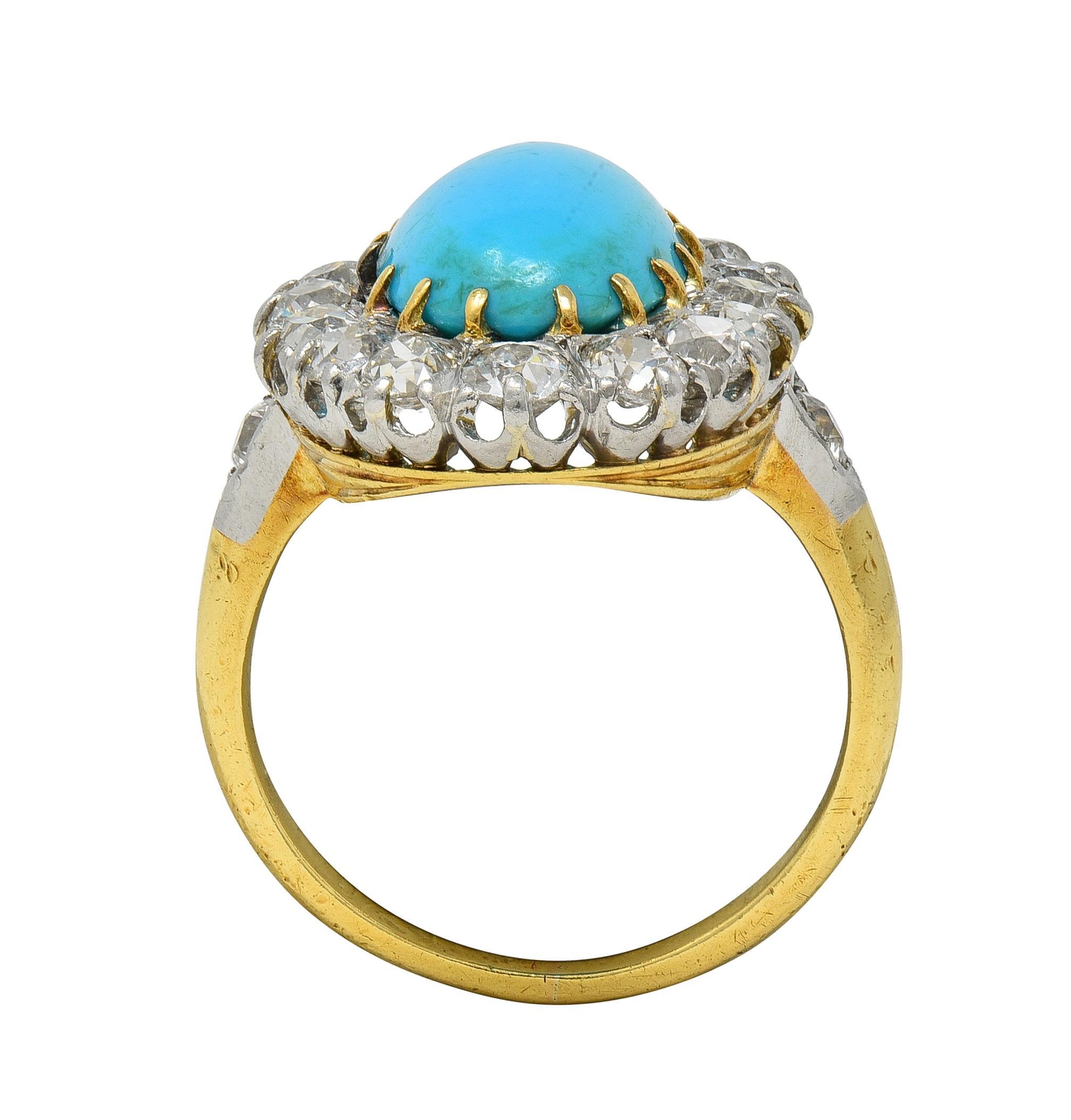 Edwardian Mine Diamond Robin's Egg Turquoise Platinum 18K Gold Antique Halo Ring For Sale 1