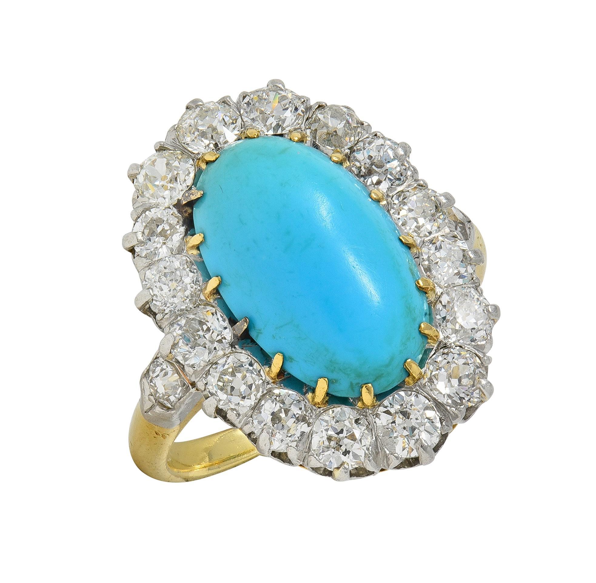 Edwardian Mine Diamond Robin's Egg Turquoise Platinum 18K Gold Antique Halo Ring For Sale 2