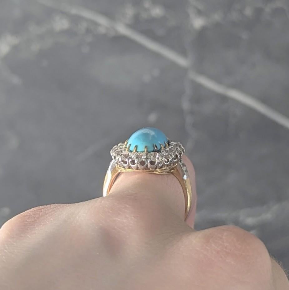 Edwardian Mine Diamond Robin's Egg Turquoise Platinum 18K Gold Antique Halo Ring For Sale 3