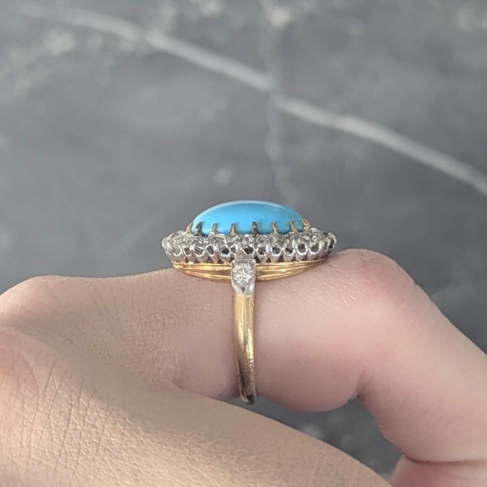 Edwardian Mine Diamond Robin's Egg Turquoise Platinum 18K Gold Antique Halo Ring For Sale 4