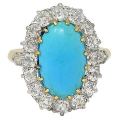 Edwardian Mine Diamond Robin's Egg Turquoise Platinum 18K Gold Antique Halo Ring