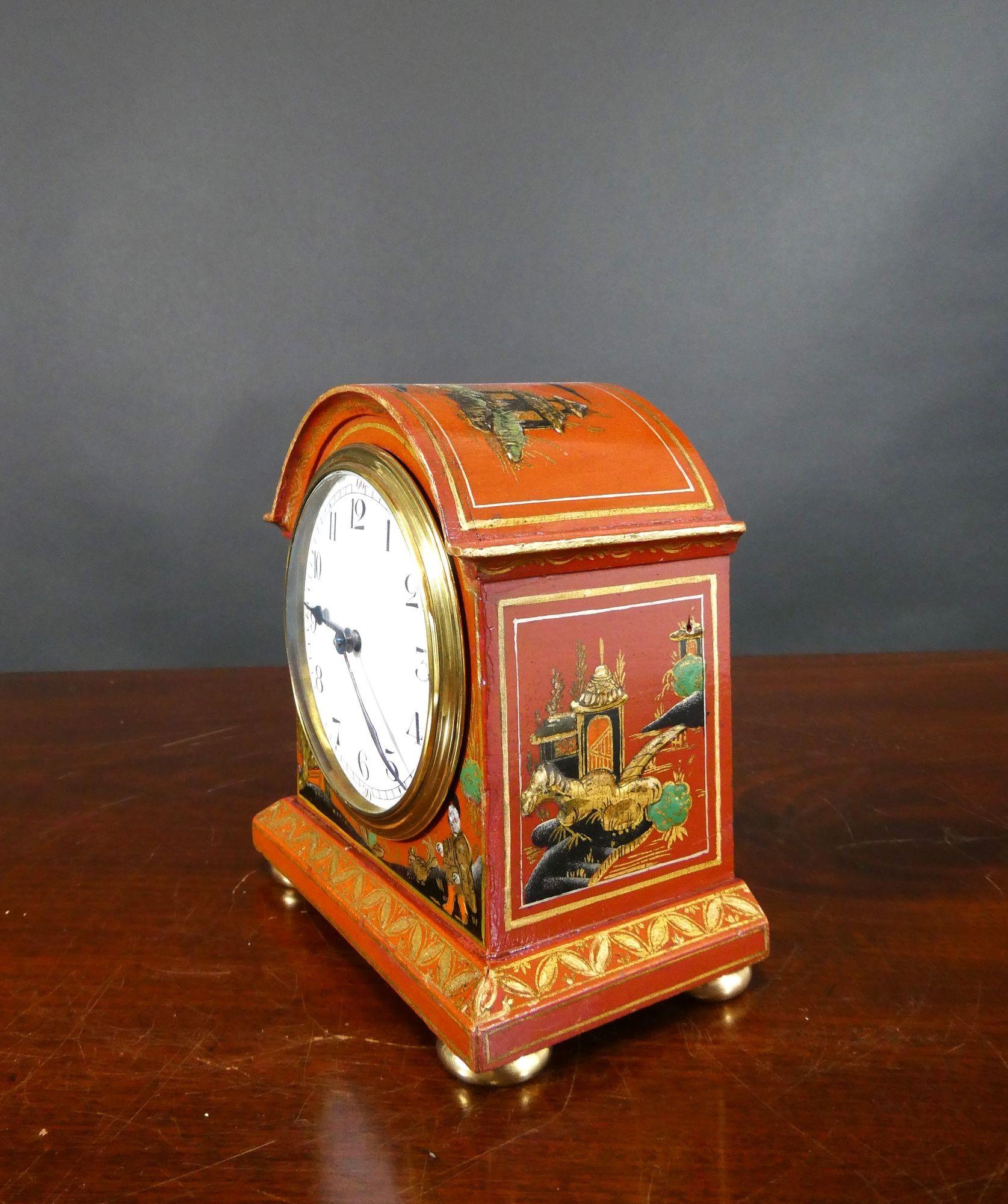 French Edwardian Miniature Chinoiserie Decorated Mantel Clock For Sale