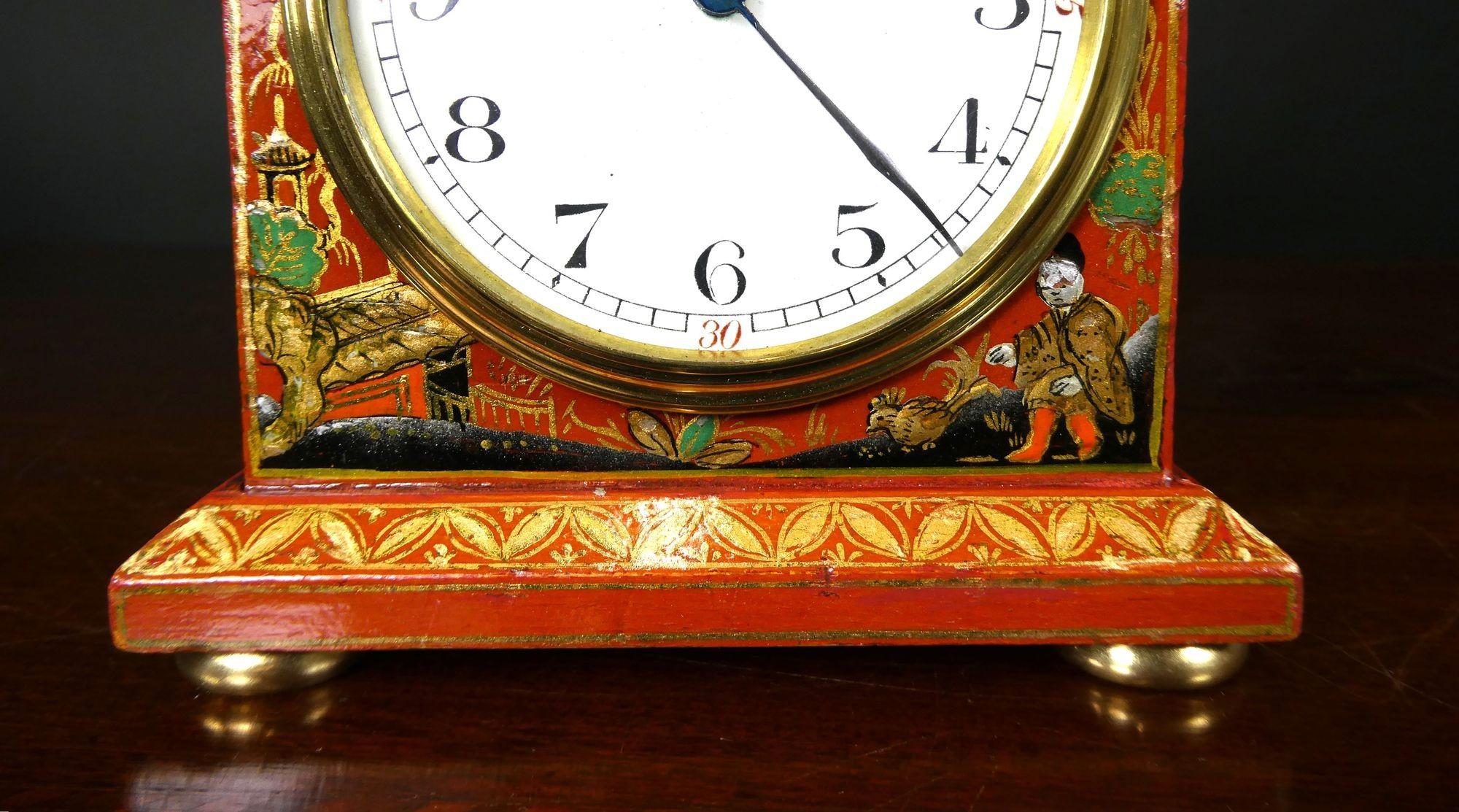 Early 20th Century Edwardian Miniature Chinoiserie Decorated Mantel Clock For Sale