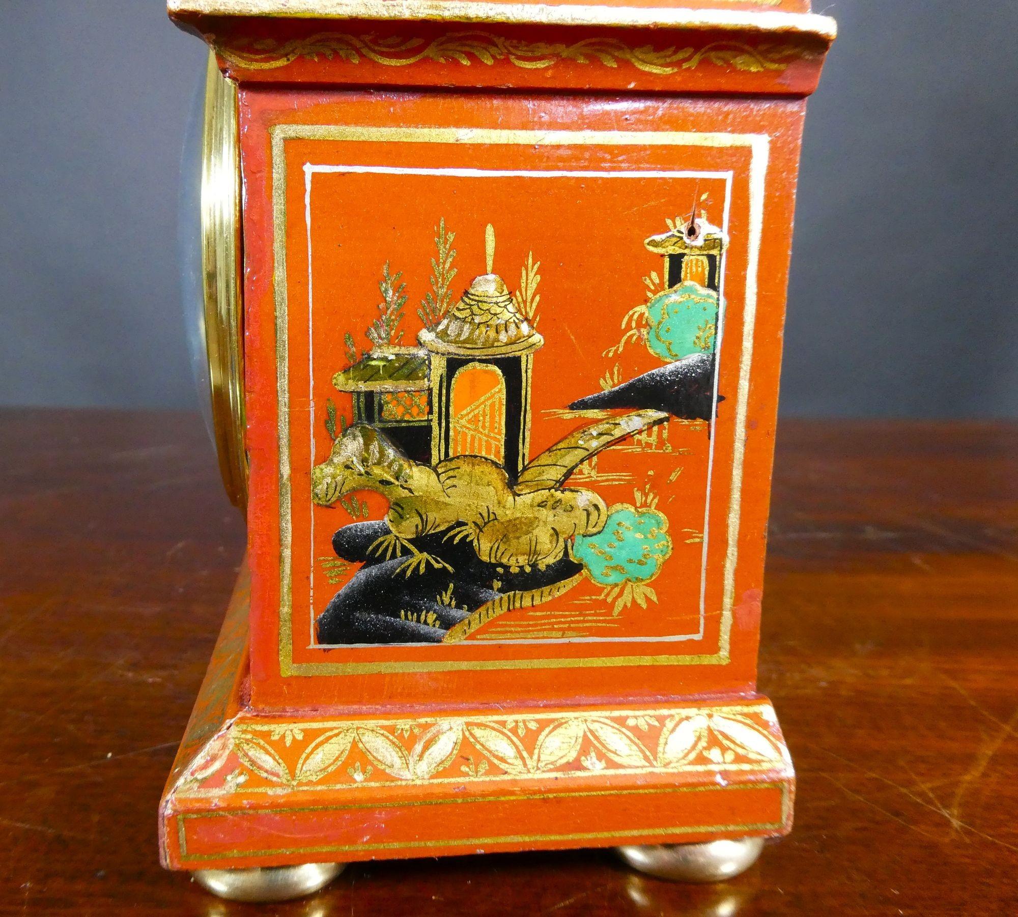 Fruitwood Edwardian Miniature Chinoiserie Decorated Mantel Clock For Sale