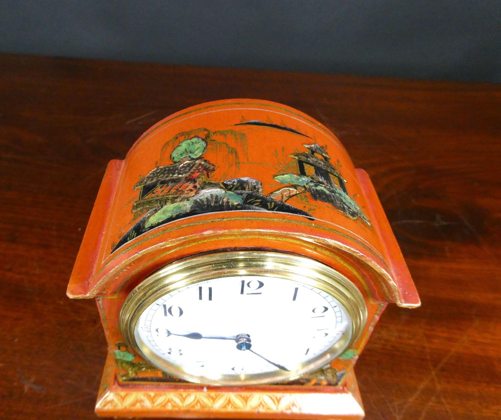 Edwardian Miniature Chinoiserie Decorated Mantel Clock For Sale 1