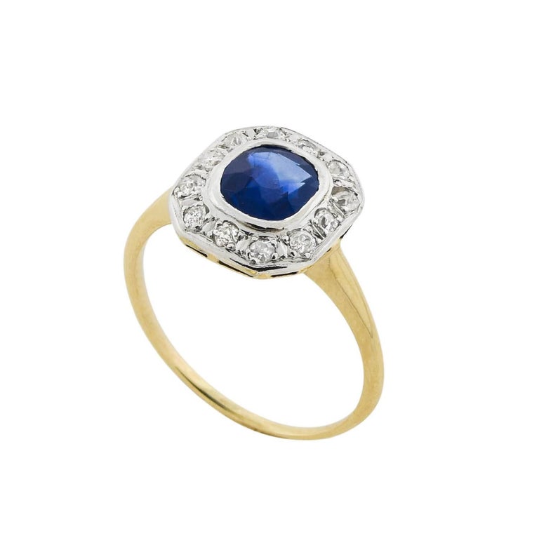 Edwardian Mixed Metals 1.25 Natural Sapphire and Old Mine Cut Diamond Ring In Good Condition In Narberth, PA