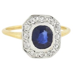 Edwardian Mixed Metals 1.25 Natural Sapphire and Old Mine Cut Diamond Ring