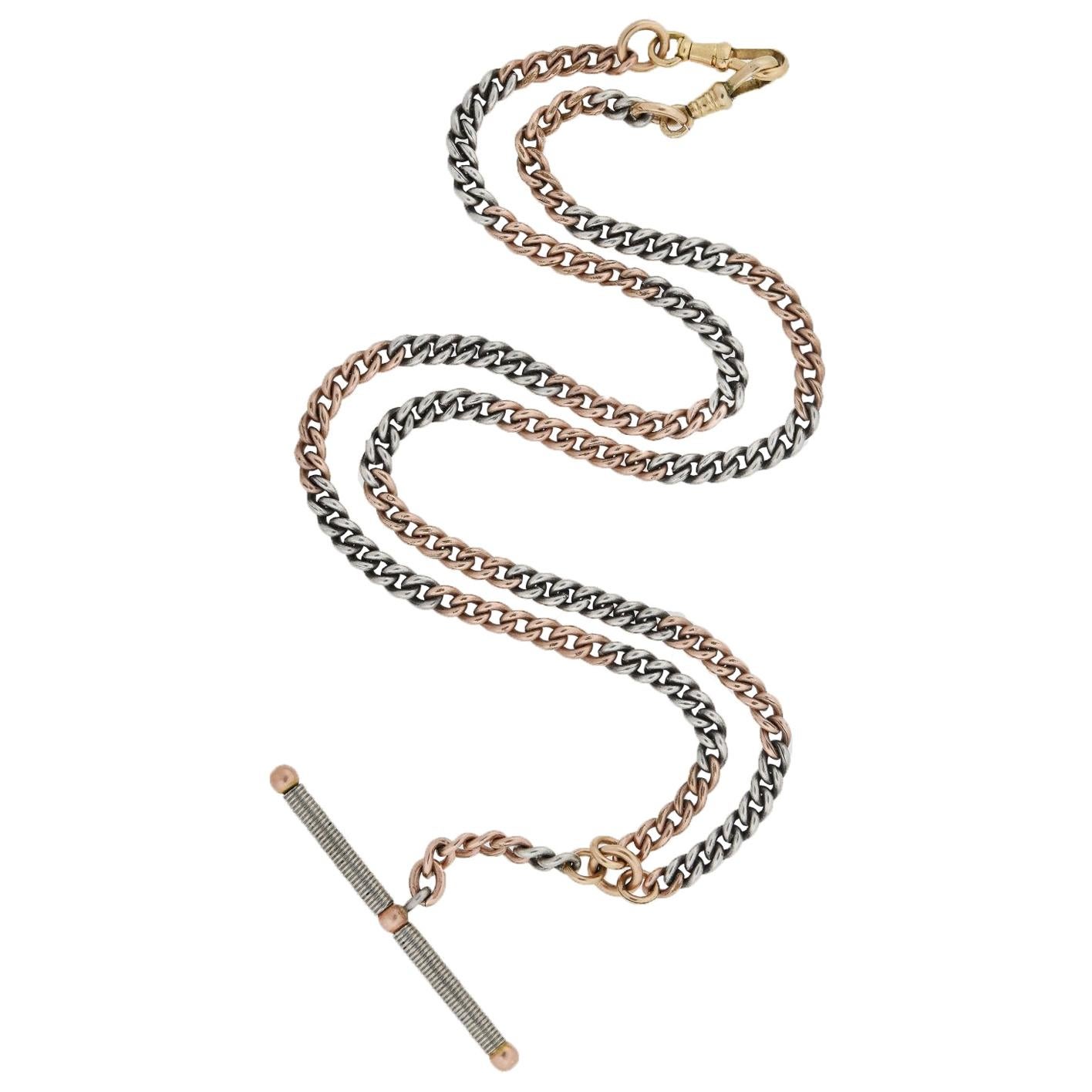 Edwardian Mixed Metals Curb Link Watch Chain and Toggle Bar Necklace For Sale