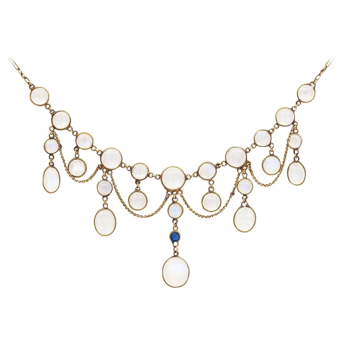 Edwardian Moonstone and Sapphire 9ct Gold Festoon Necklace Circa 1905