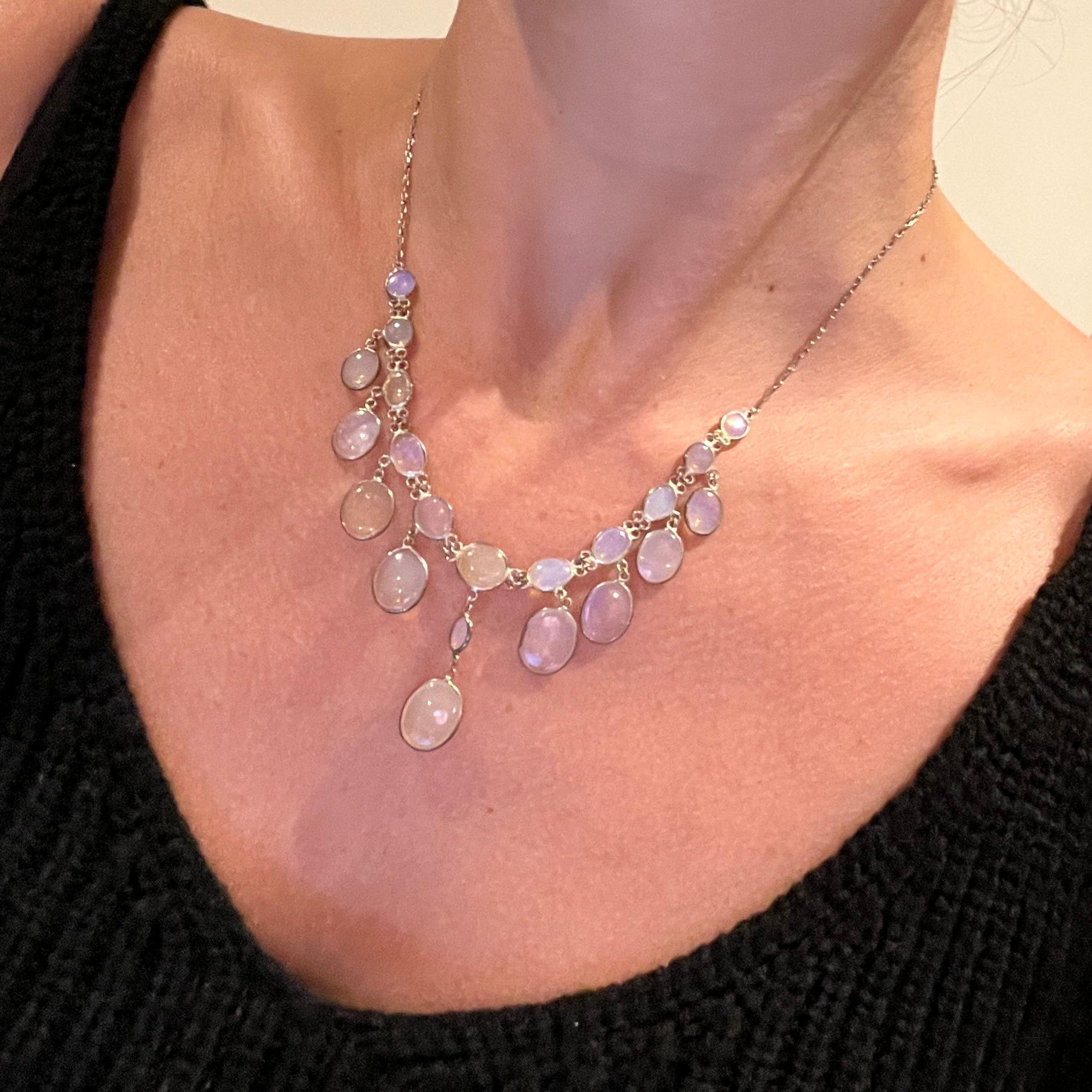 Cabochon Edwardian Moonstone and Silver Fringe Necklace