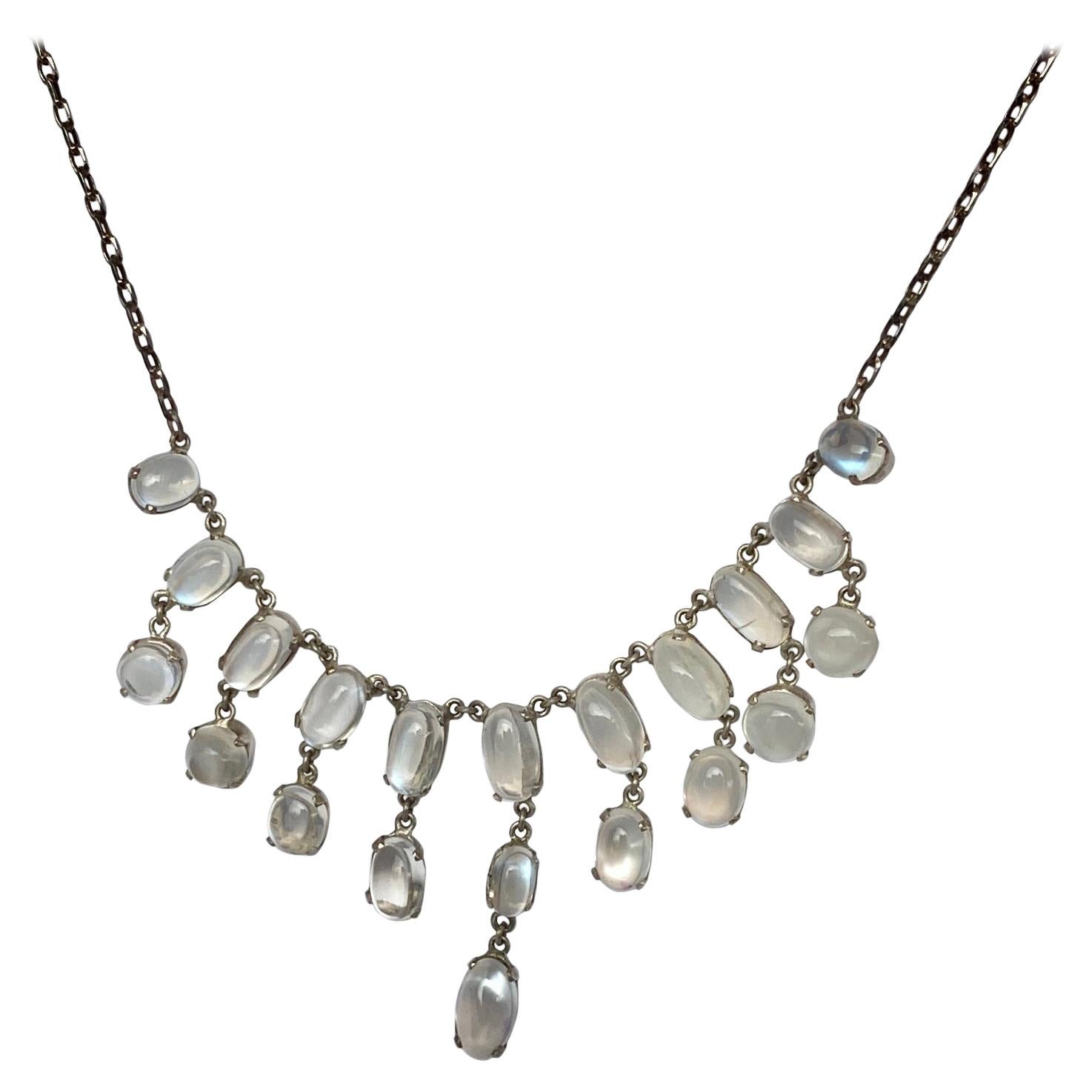 Edwardian Moonstone and Silver Fringe Necklace