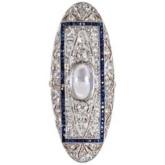 Edwardian Moonstone, Diamond and Sapphire Plaque Ring