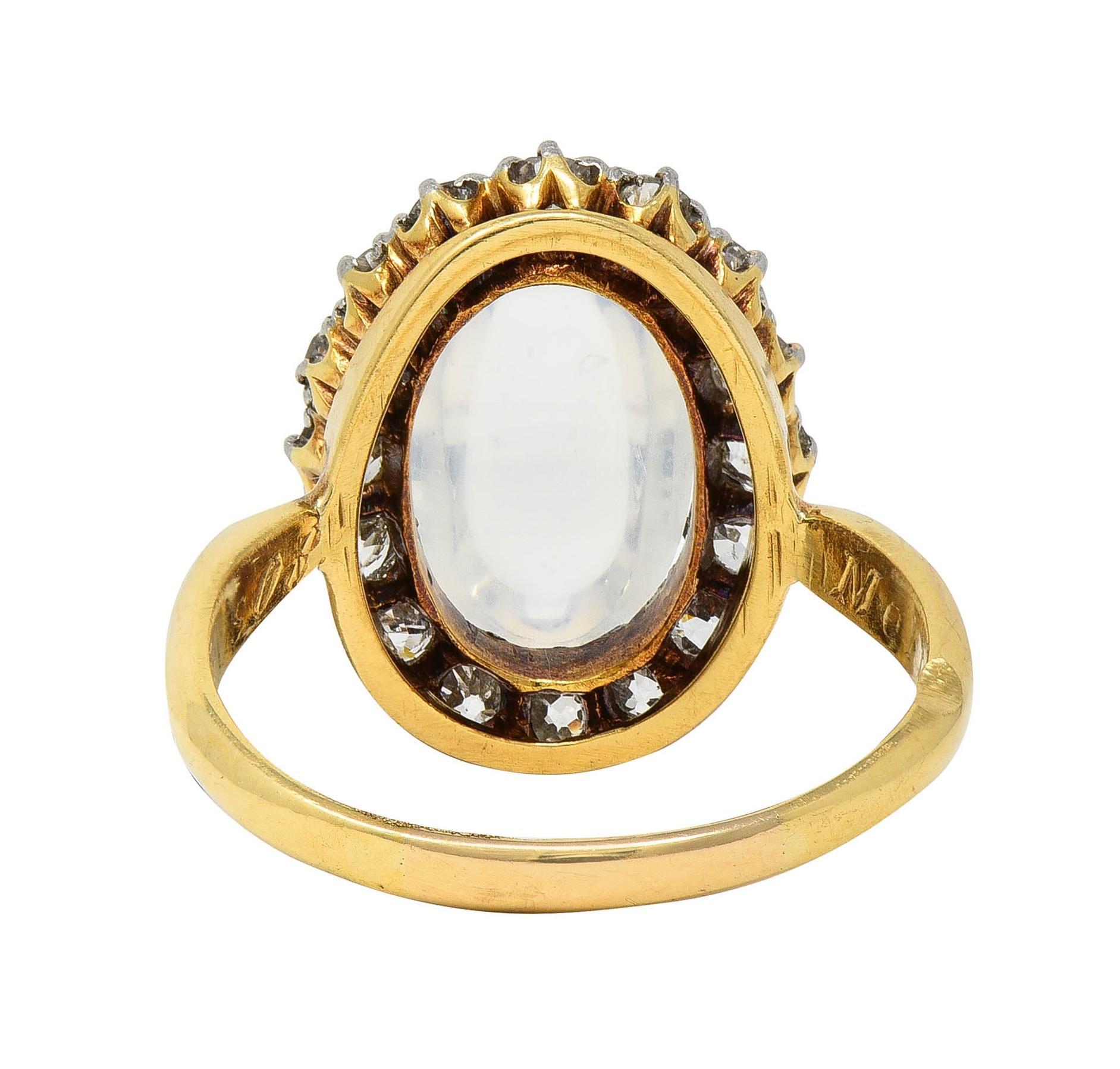 Edwardian Moonstone Diamond Platinum 14 Karat Gold Antique Halo Ring In Excellent Condition For Sale In Philadelphia, PA