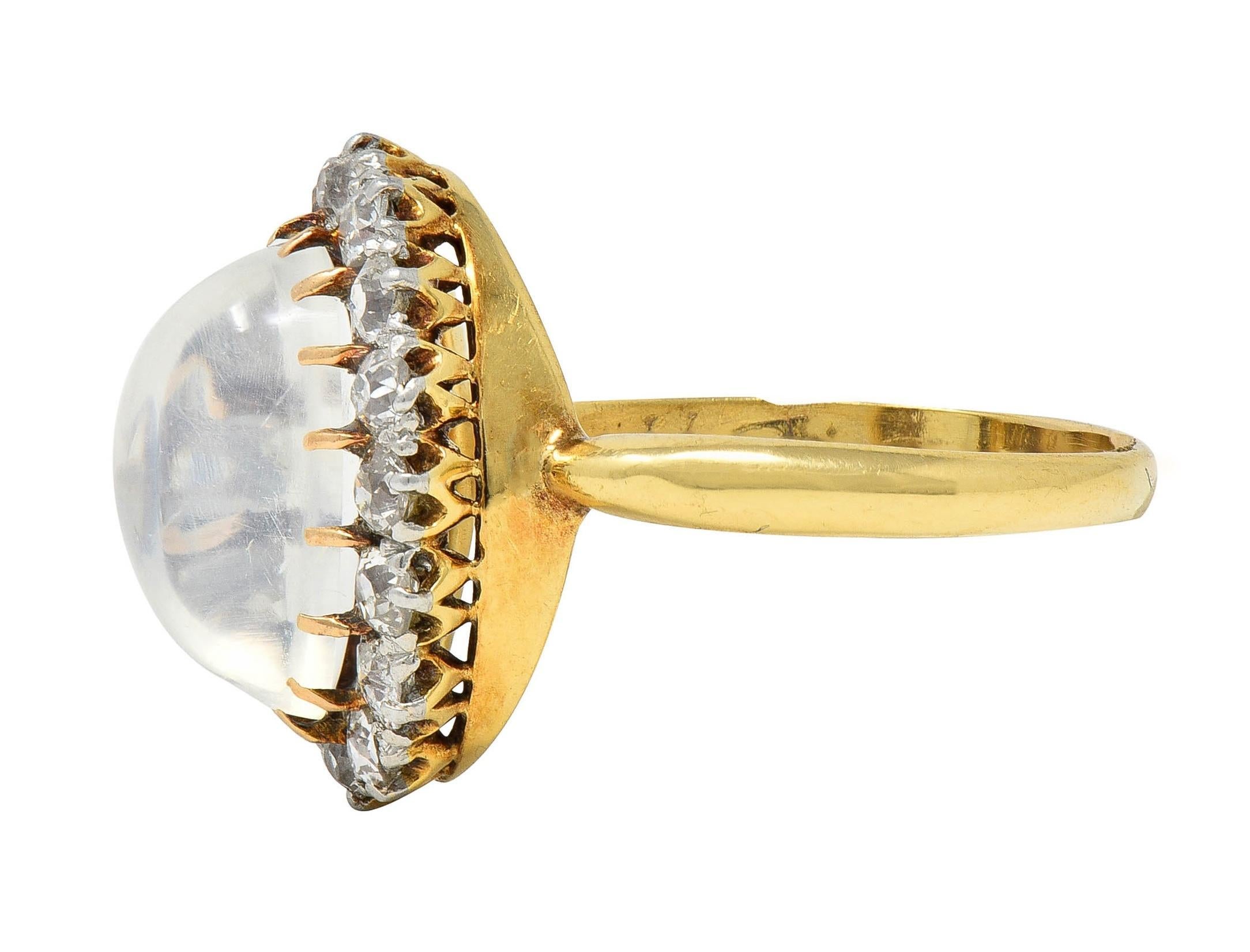 Women's or Men's Edwardian Moonstone Diamond Platinum 14 Karat Gold Antique Halo Ring For Sale