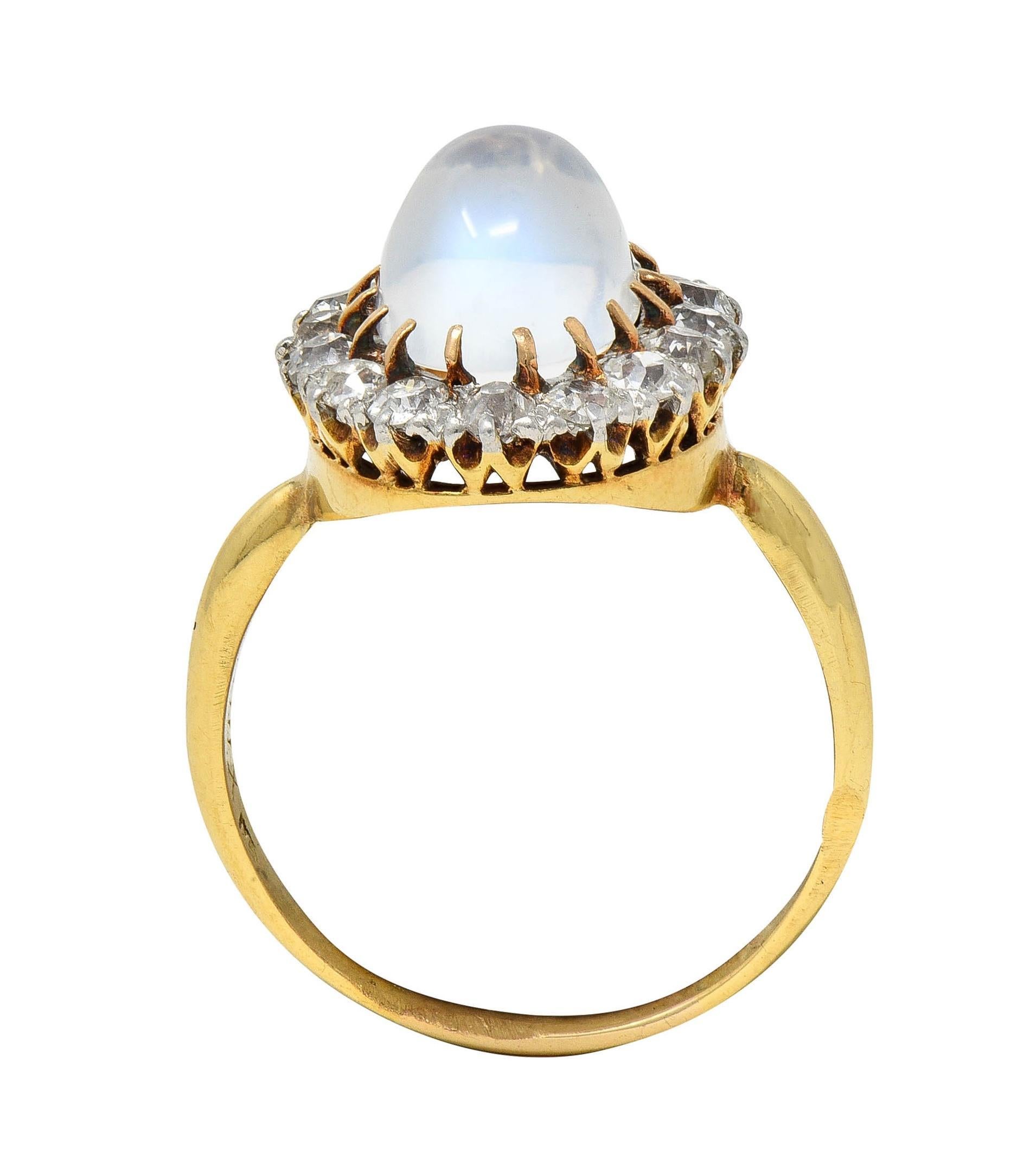 Edwardian Moonstone Diamond Platinum 14 Karat Gold Antique Halo Ring For Sale 2