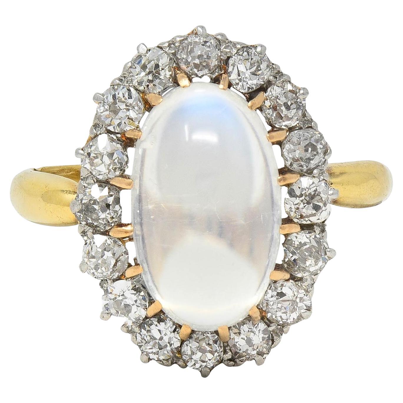 Edwardian Moonstone Diamond Platinum 14 Karat Gold Antique Halo Ring