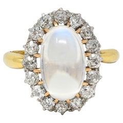 Edwardian Moonstone Diamond Platinum 14 Karat Gold Antique Halo Ring
