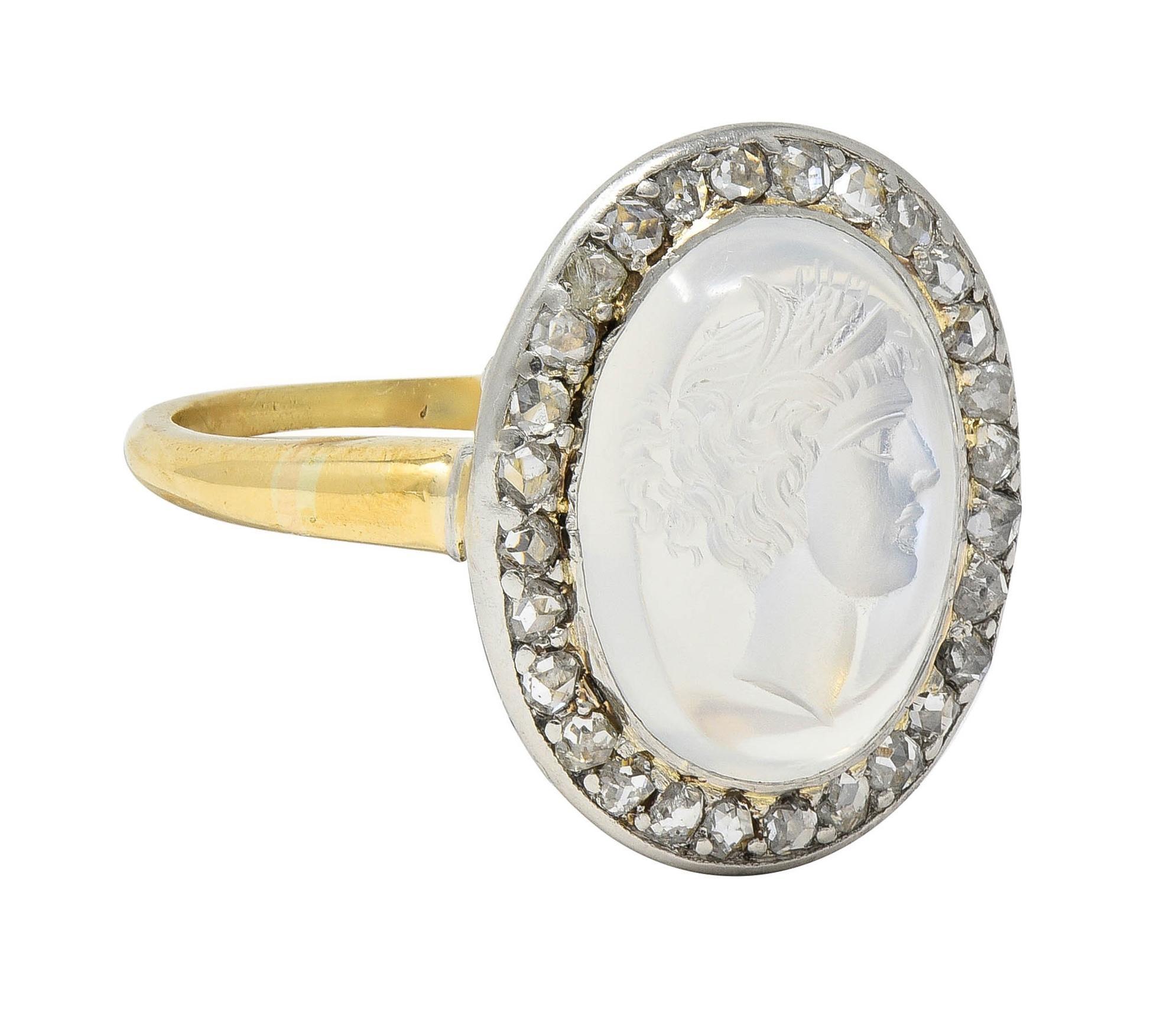 Mixed Cut Edwardian Moonstone Diamond Platinum 18K Yellow Gold Antique Intaglio Halo Ring For Sale