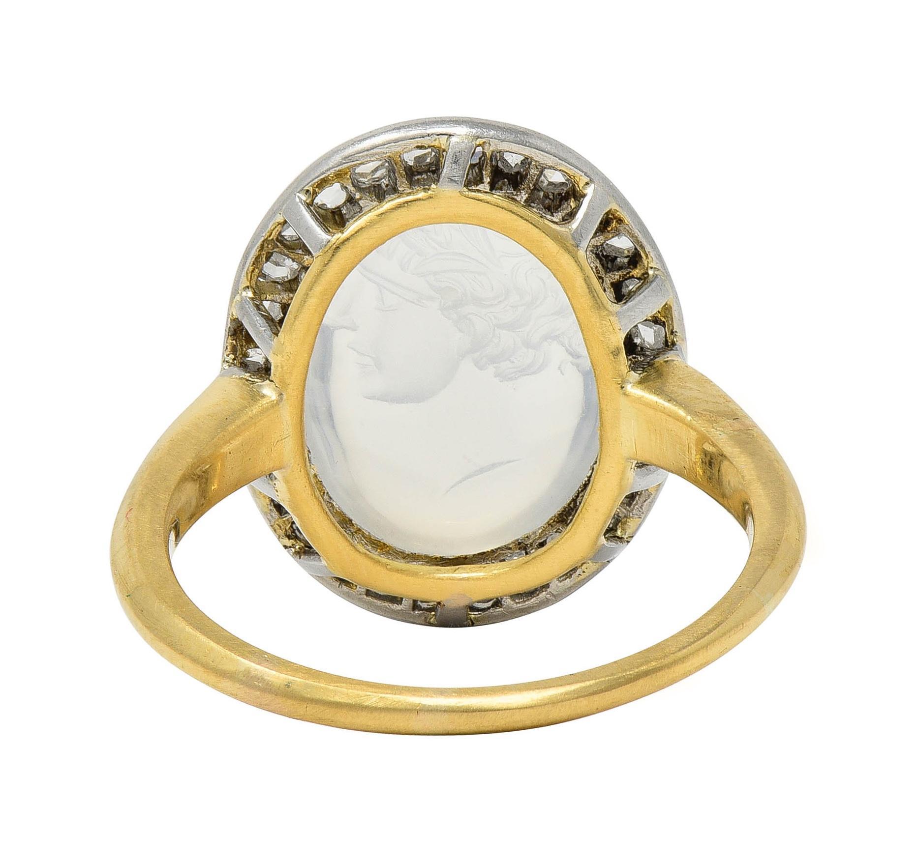 Edwardian Moonstone Diamond Platinum 18K Yellow Gold Antique Intaglio Halo Ring In Excellent Condition For Sale In Philadelphia, PA