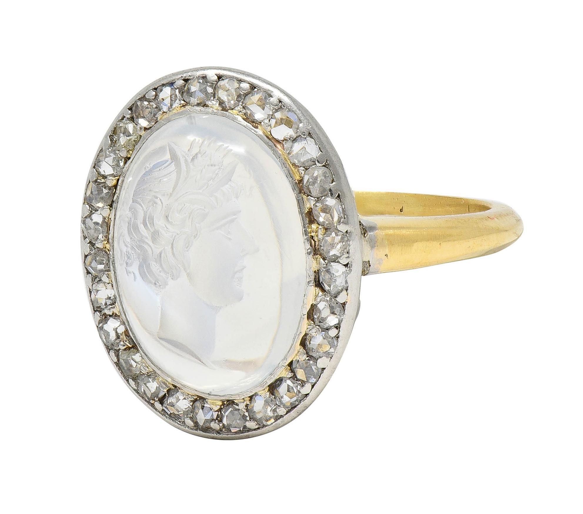 Women's or Men's Edwardian Moonstone Diamond Platinum 18K Yellow Gold Antique Intaglio Halo Ring For Sale