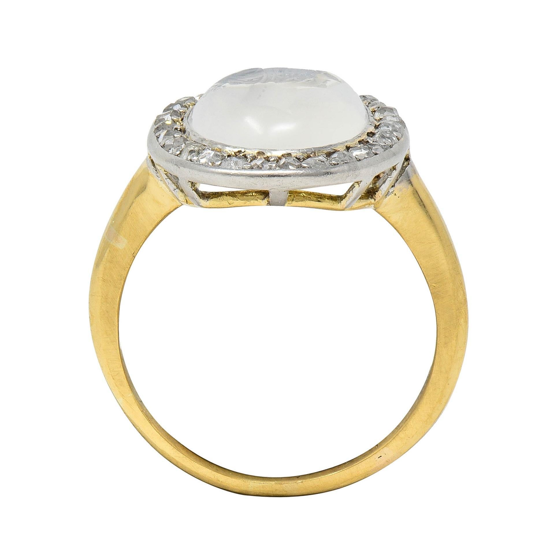 Edwardian Moonstone Diamond Platinum 18K Yellow Gold Antique Intaglio Halo Ring For Sale 1