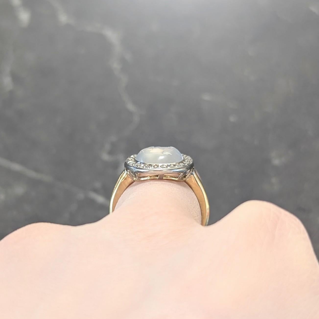 Edwardian Moonstone Diamond Platinum 18K Yellow Gold Antique Intaglio Halo Ring For Sale 2