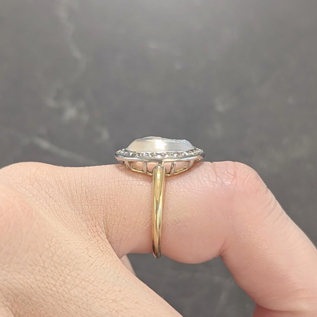 Edwardian Moonstone Diamond Platinum 18K Yellow Gold Antique Intaglio Halo Ring For Sale 3