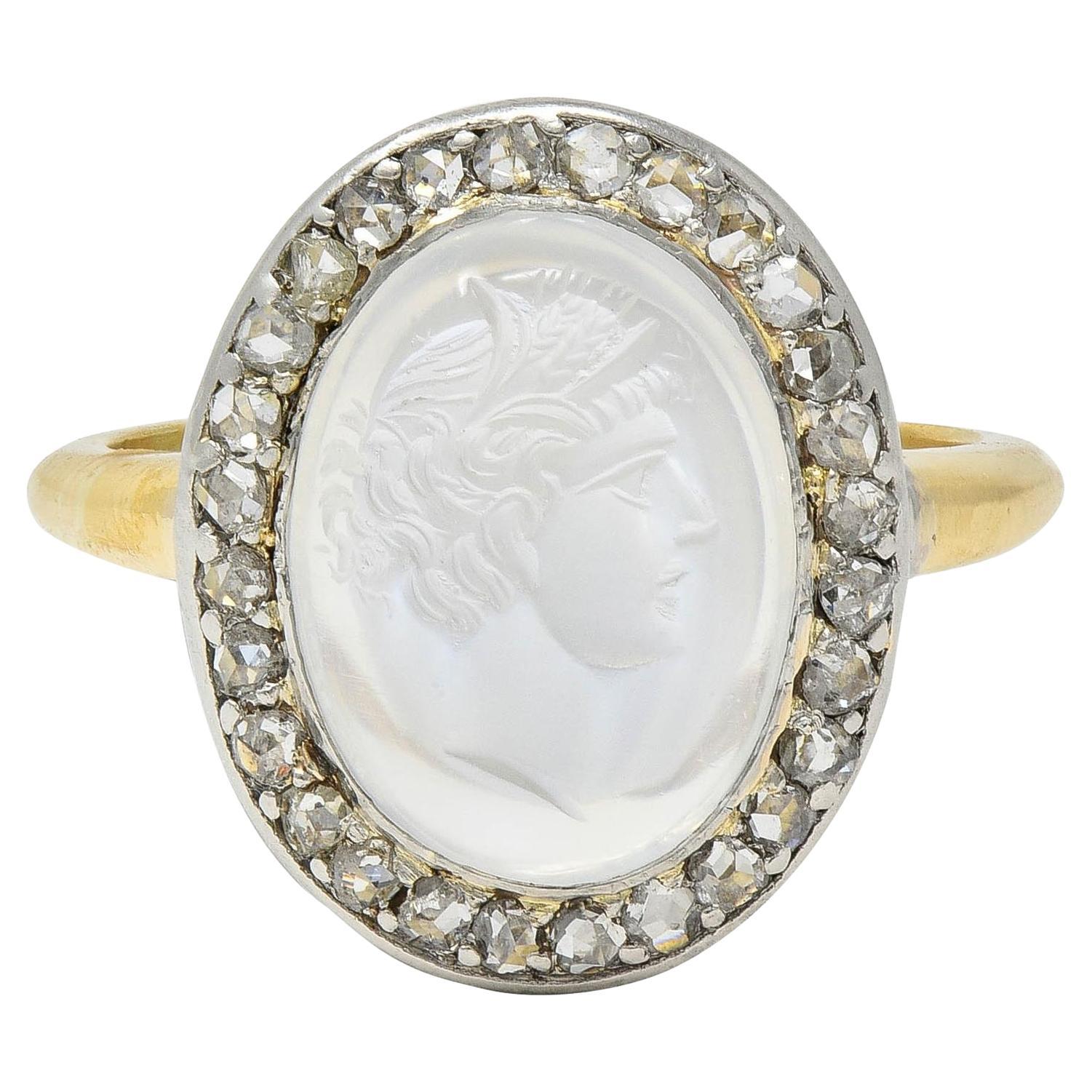Edwardian Moonstone Diamond Platinum 18K Yellow Gold Antique Intaglio Halo Ring