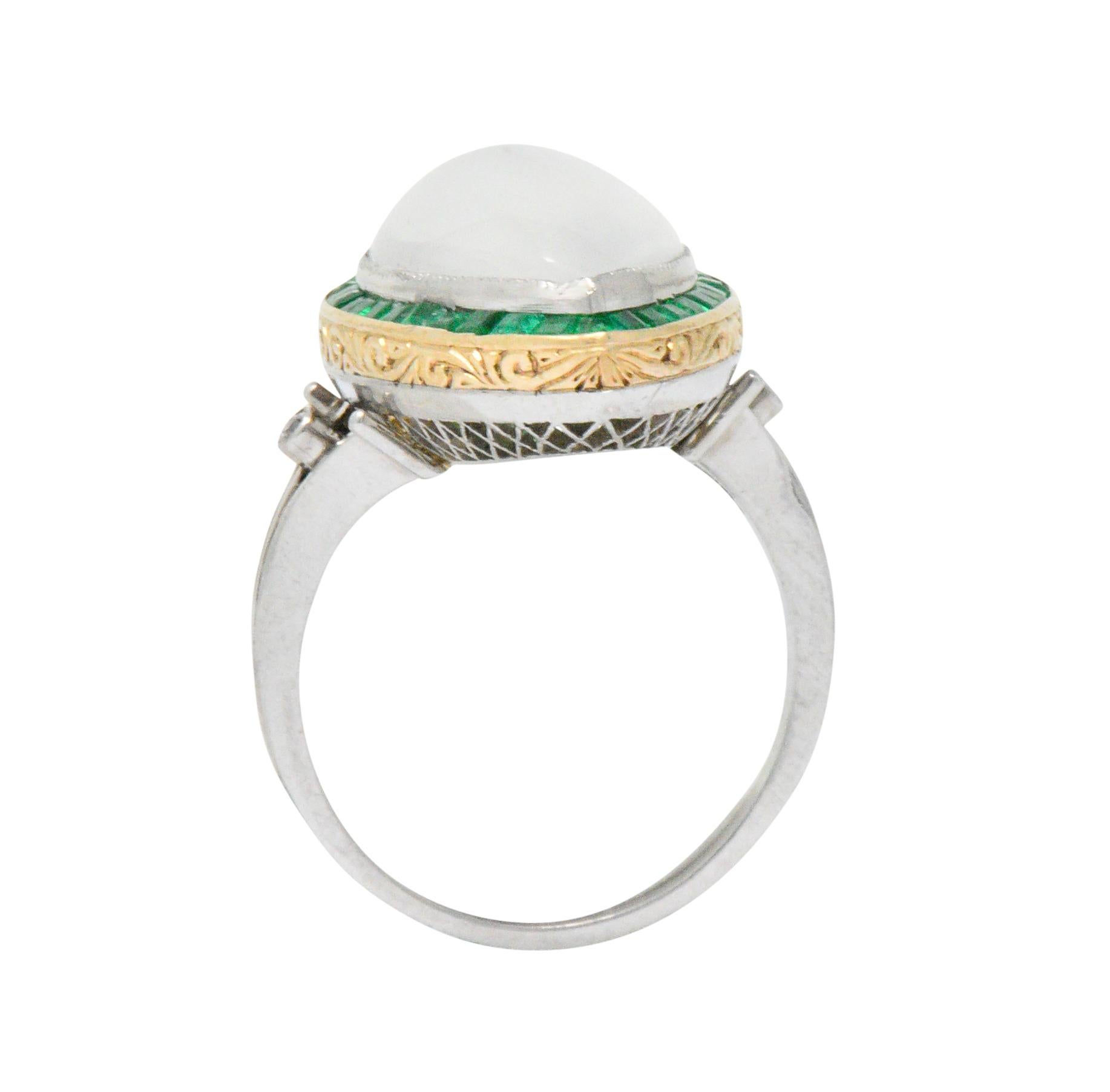 Edwardian Moonstone Emerald Diamond Platinum Navette Cabochon Ring In Excellent Condition In Philadelphia, PA