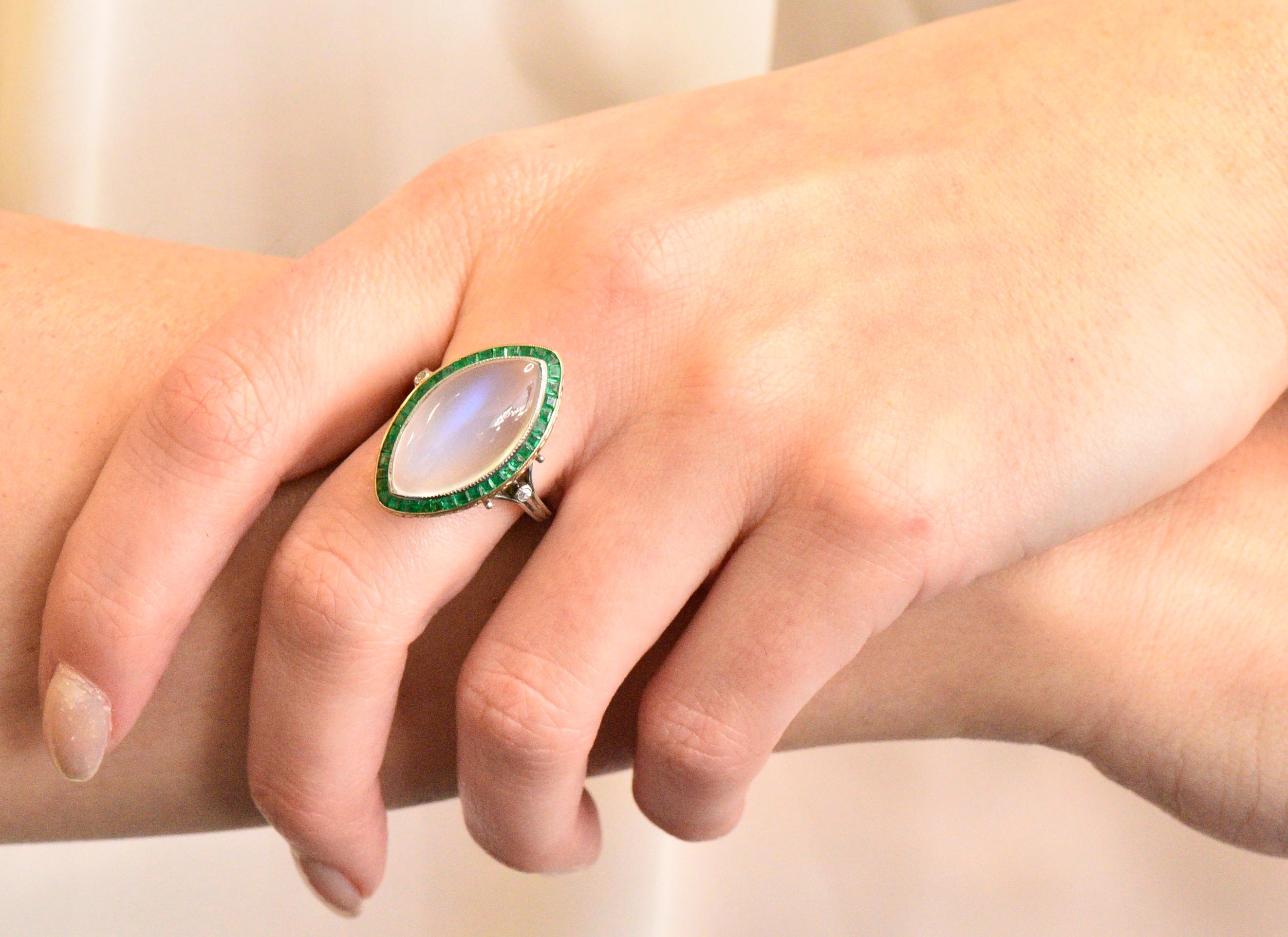 Women's or Men's Edwardian Moonstone Emerald Diamond Platinum Navette Cabochon Ring