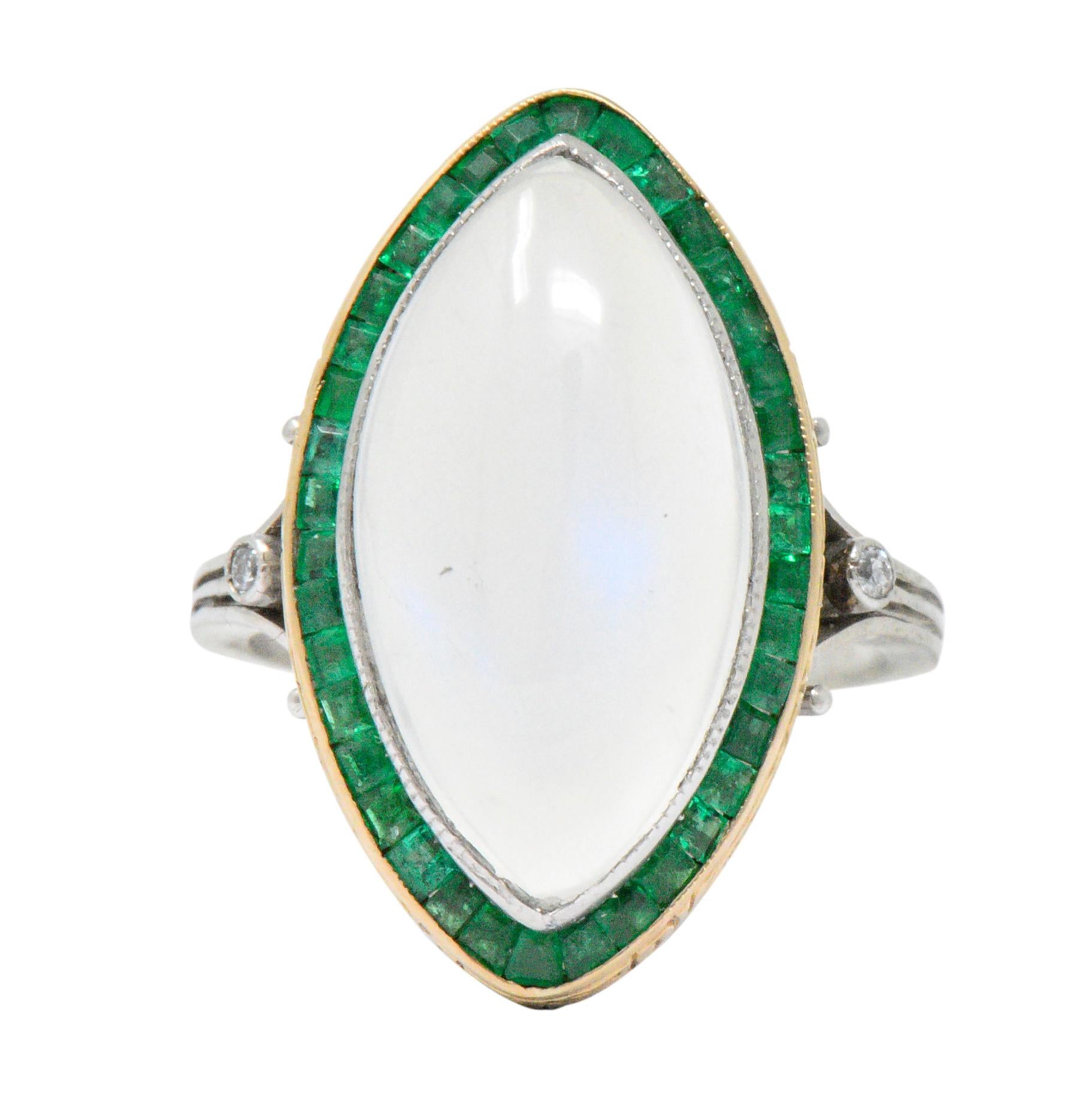 Edwardian Moonstone Emerald Diamond Platinum Navette Cabochon Ring