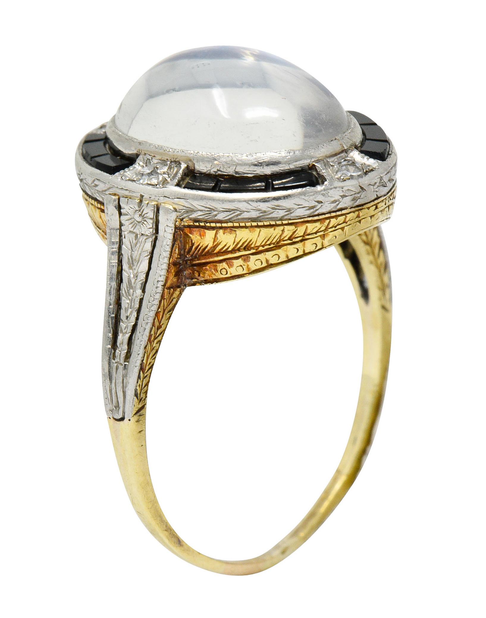 Edwardian Moonstone Onyx Diamond Platinum-Topped 14 Karat Gold Ring 4