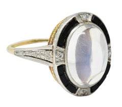 Edwardian Moonstone Onyx Diamond Platinum-Topped 14 Karat Gold Ring