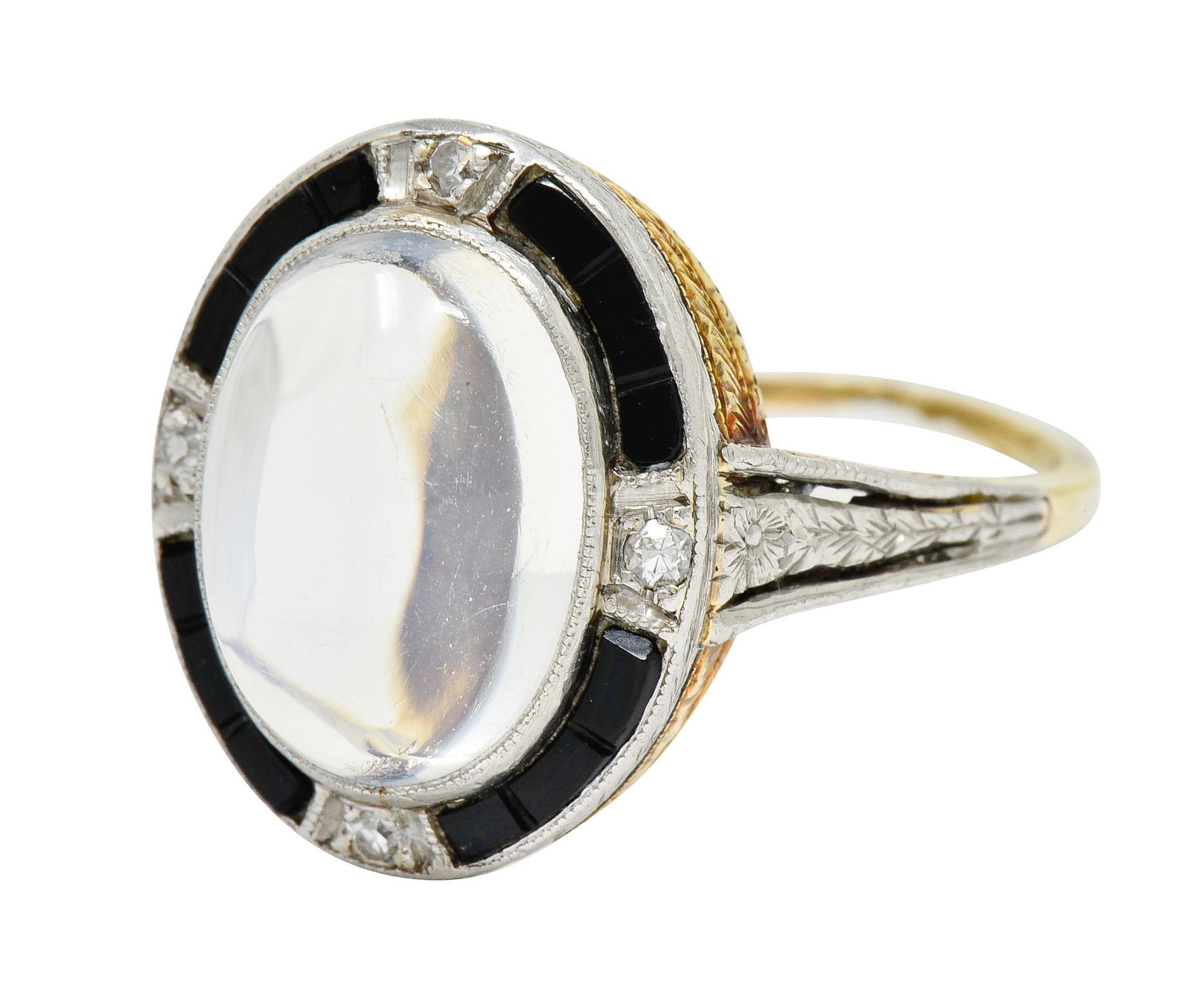 Women's or Men's Edwardian Moonstone Onyx Diamond Platinum-Topped 14 Karat Gold Ring