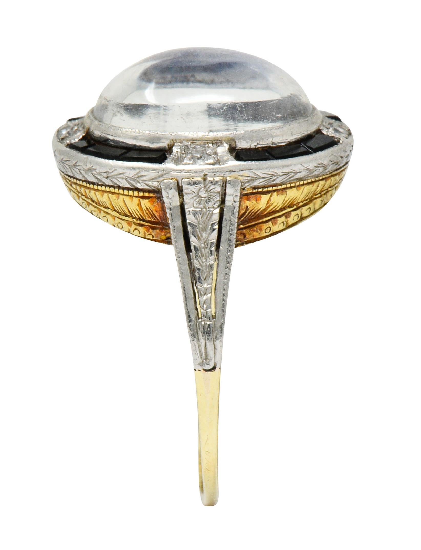 Edwardian Moonstone Onyx Diamond Platinum-Topped 14 Karat Gold Ring 1