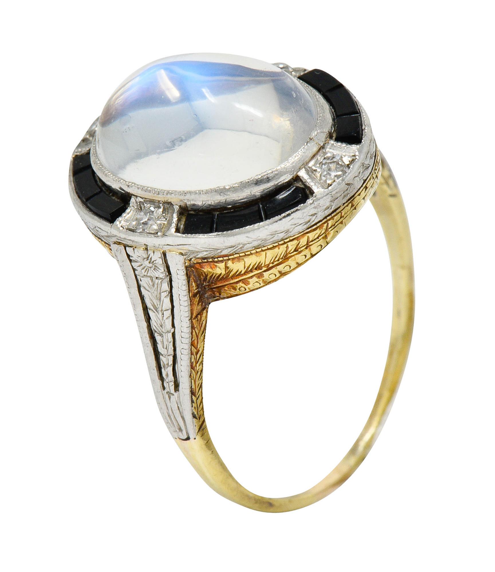 Edwardian Moonstone Onyx Diamond Platinum-Topped 14 Karat Gold Ring 2