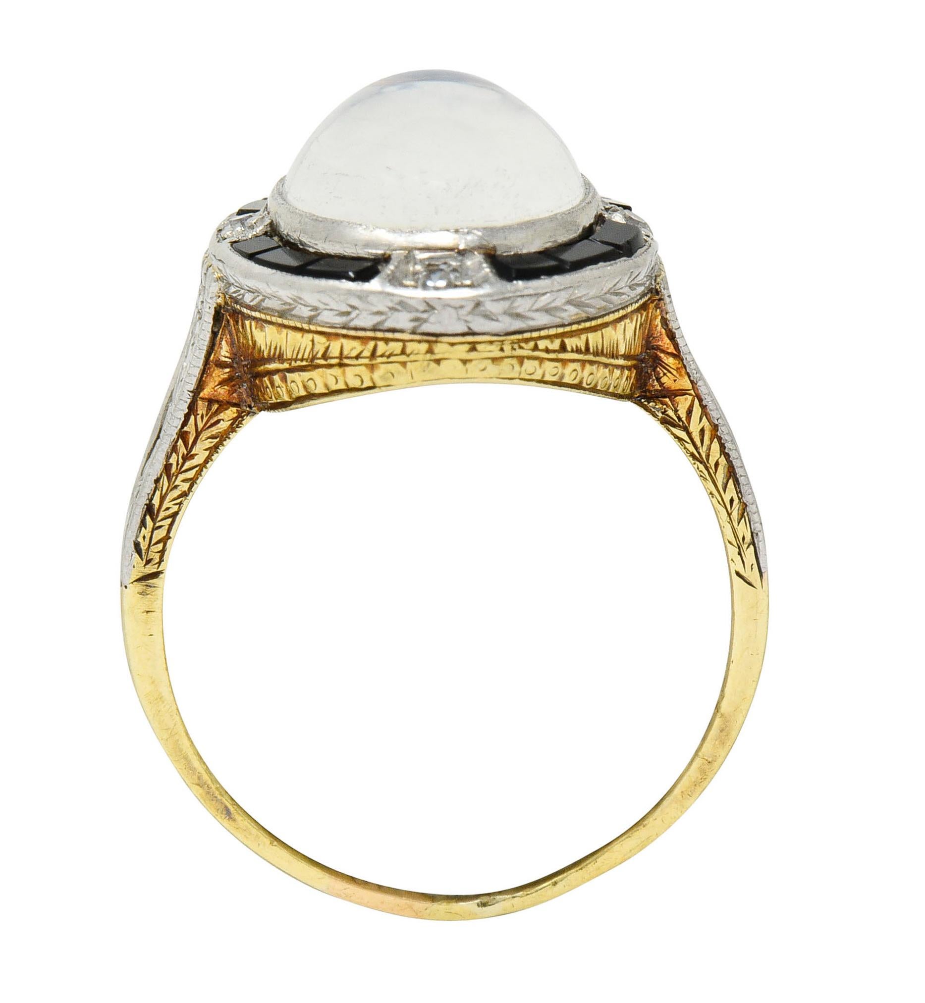 Edwardian Moonstone Onyx Diamond Platinum-Topped 14 Karat Gold Ring 3